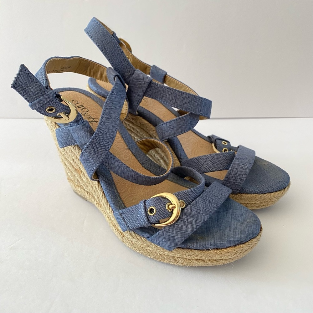Sofft Blue Espadrille Wedge Sandals with Gold Buckle